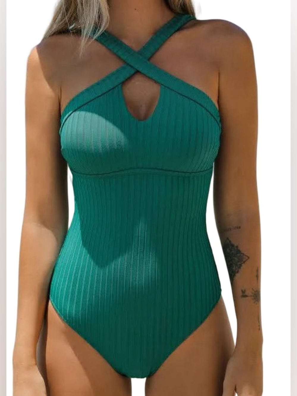 NWT Cupshe Teal Green Ribbed Cross-Strap One-Piece Swimsuit (medium)